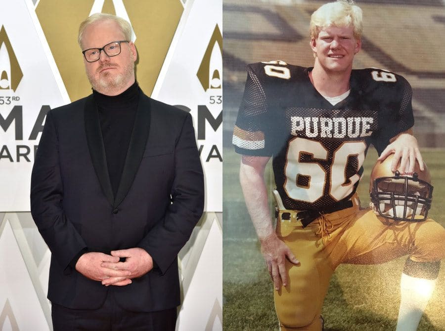 Jim Gaffigan at the CMA Awards in 2019. / Jim Gaffigan in his football uniform in college. 