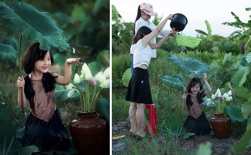 A little girl with water falling off of a leaf/two girls pouring a bucket of water on a girl 