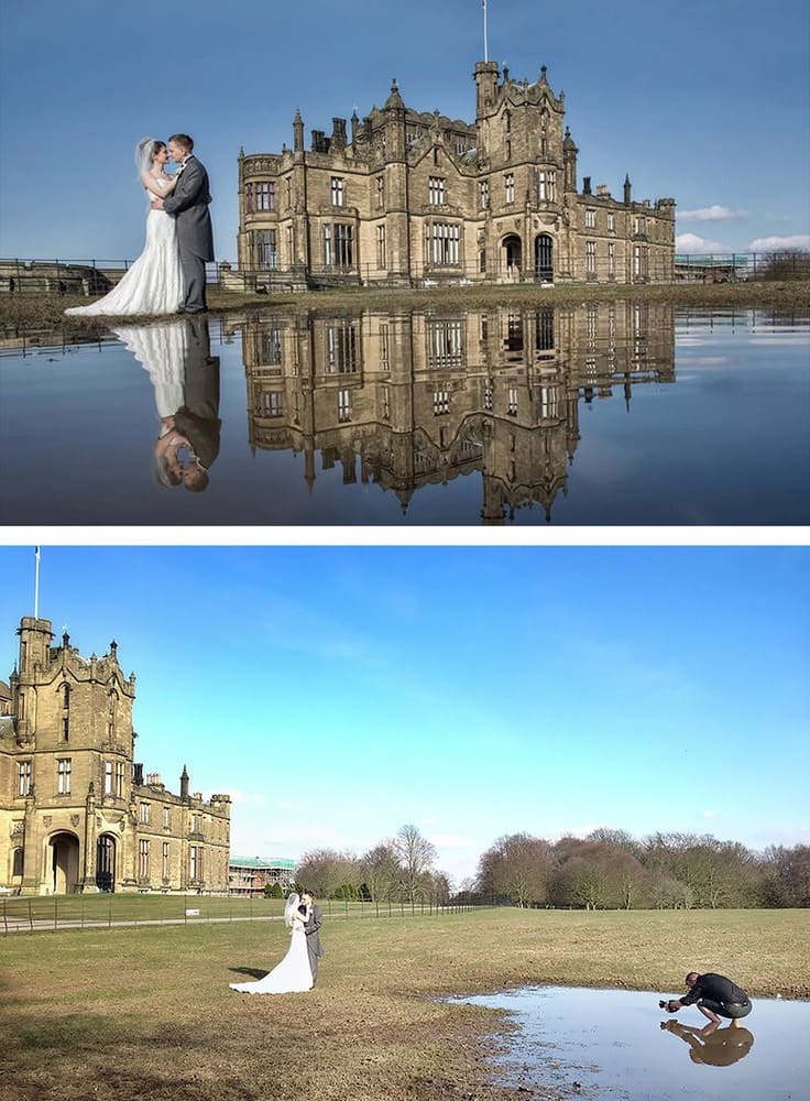 A couple in the water with a castle in the background/ How the wedding picture was actually taken