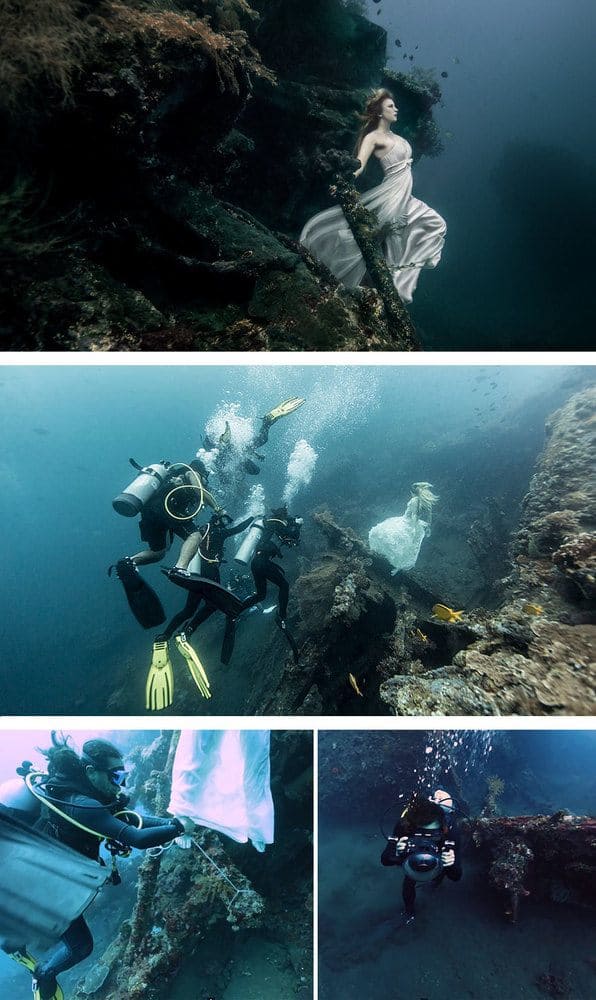 A woman underwater/photographers taking a picture underwater/Tying a woman underwater/taking a picture underwater