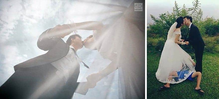 A couple kissing on their wedding day/How a photographer took a picture of a couple kissing