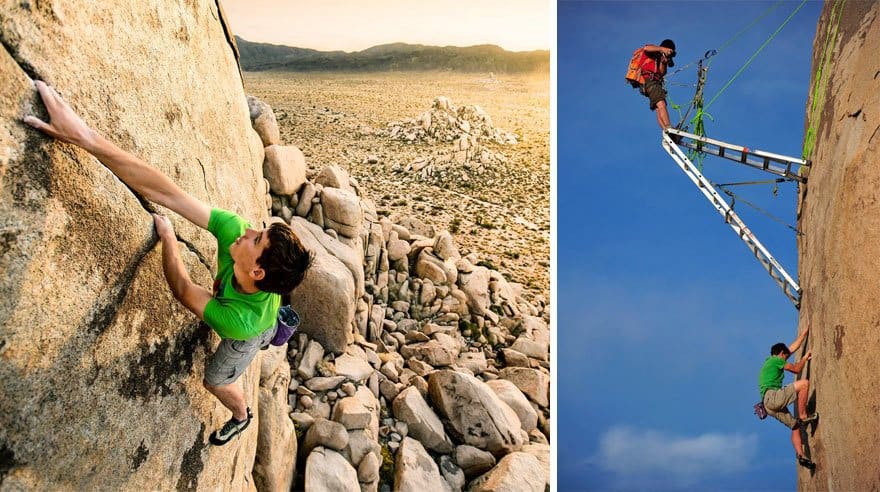 A picture of a boy climbing a wall/ photographers on a ladder, taking a picture of a boy rock climbing 
