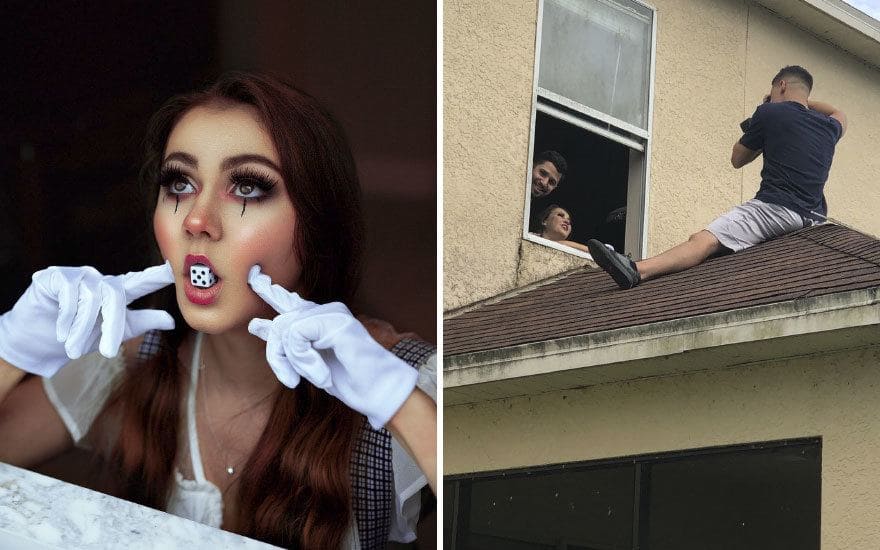 A girl with pretty clown makeup and dice in her mouth/ A guy sitting on a roof taking a picture
