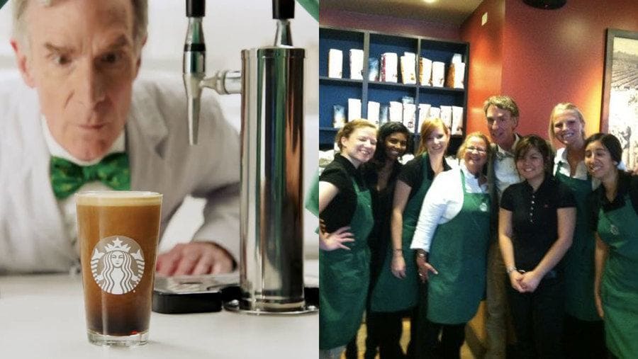 Bill Nye the Science Guy was standing behind a nitro cold brew from Starbucks in his new ad. / Bill Nye at Starbucks in a group photo with employees. 