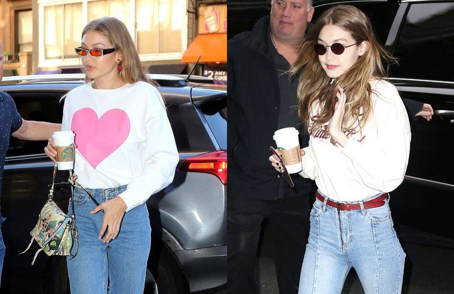 Gigi Hadid out in New York with a Starbucks cup on two different occasions. 