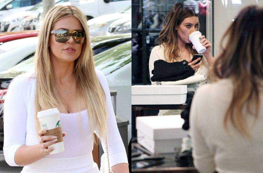 Khloe Kardashian was arriving at Calvary Community Church with a Starbucks coffee in hand. / Kim Kardashian out shopping while drinking a Starbucks coffee. 