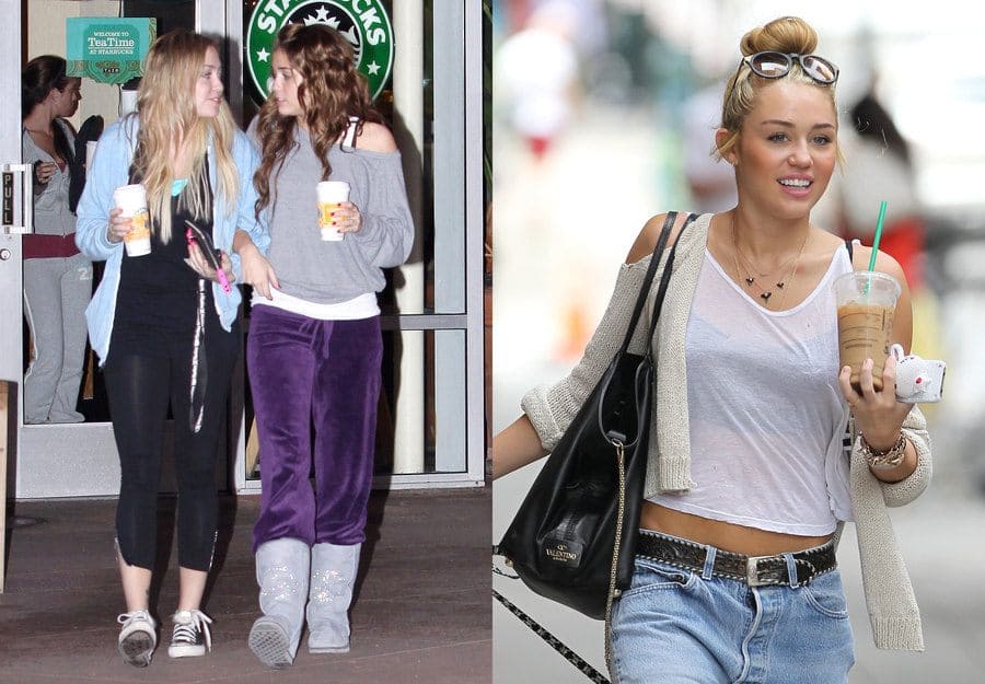Miley Cyrus was walking out of Starbucks with her friend holding hot coffees. / Miley Cyrus was walking around town with a cold coffee in her hand from Starbucks. 