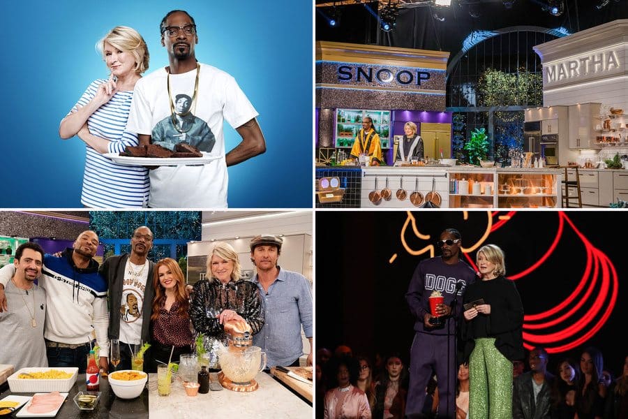 Martha and Snoop Dogg’s split kitchen on the set of their show. Martha’s side is all white wood with bronze emphasis, and Snoop’s side is shiny with black tiles and his name written on it black, and a lot of gold pieces around. / Snoop Dogg with a plate of brownies standing with Martha Stewart. / Martha Stewart and Snoop Dogg with guests from the season 3 premiere. / Martha and Snoop were announcing at the MTV Movie and TV Awards in 2017.
