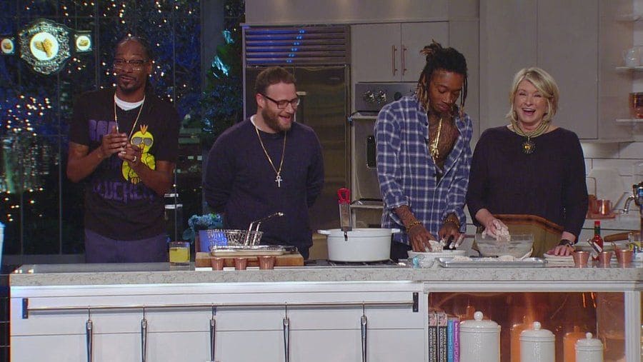 Snoop Dogg, Seth Rogan, Wiz Khalifa, and Martha Stewart making fried chicken on Martha and Snoop’s premiere episode. 