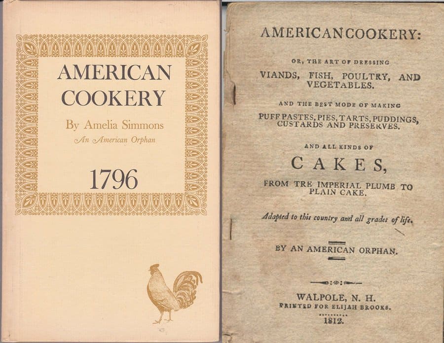 The cover of American Cookery by Amelia Simmons. / The inside of American Cookery by Amelia Simmons with the types of recipes described. 