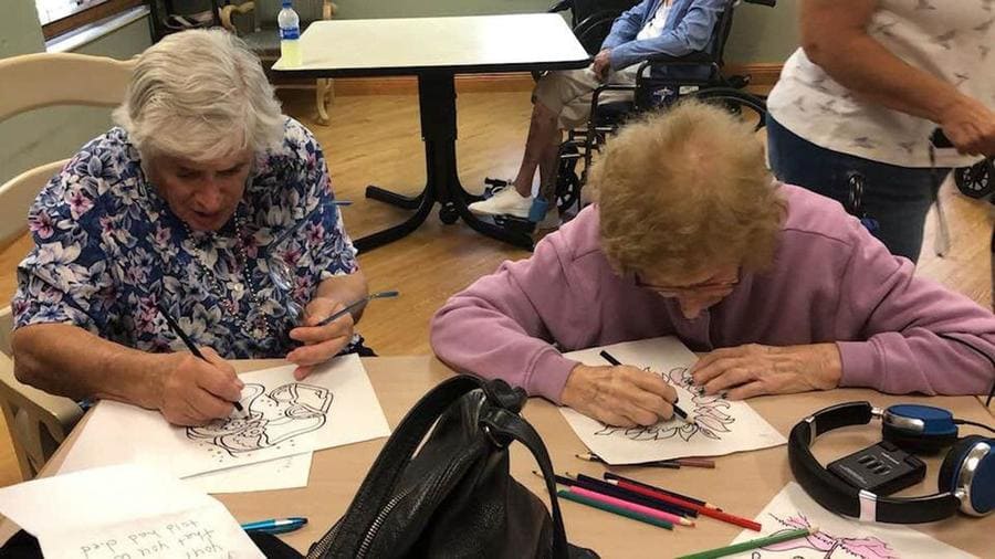 Joanne and her birth mother, Lillian, enjoy coloring together. When Joanne comes to visit. 