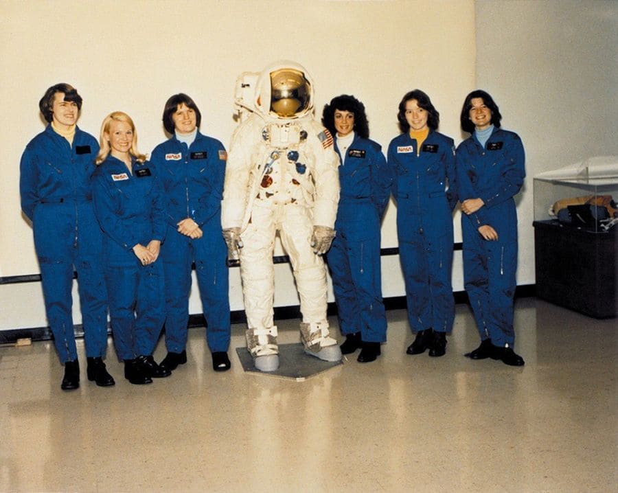 The first class of female astronauts after completing training in 1979: Shannon Lucid, Margaret Rhea Seddon, Kathryn, Sullivan, Judith Resnik, Anna Fisher, and Sally Ride.
