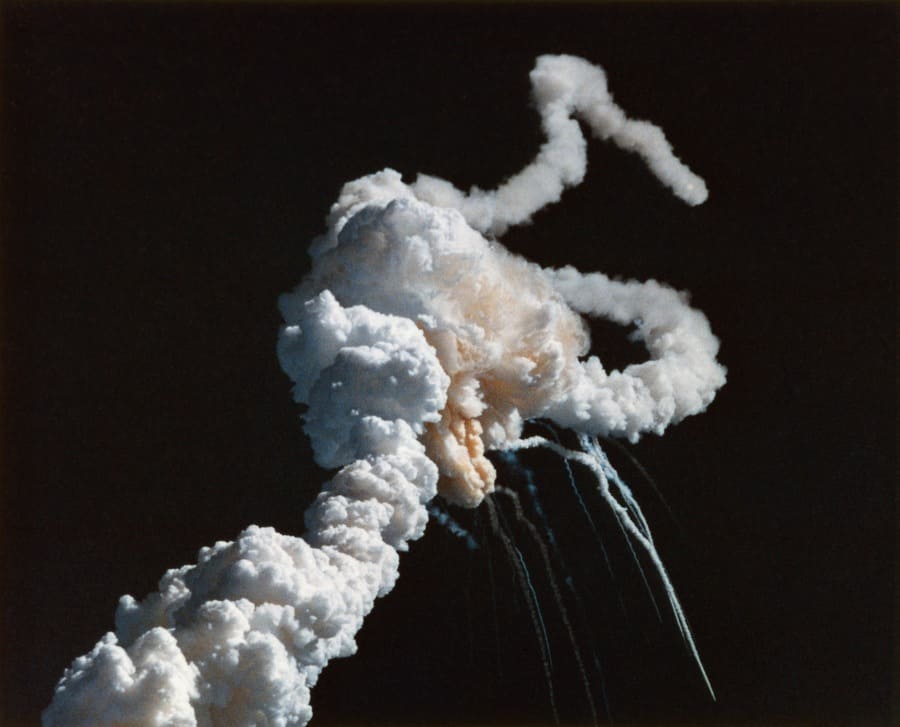 Exhaust and smoke from the Space Shuttle Challenger accident on January 28th, 1986.