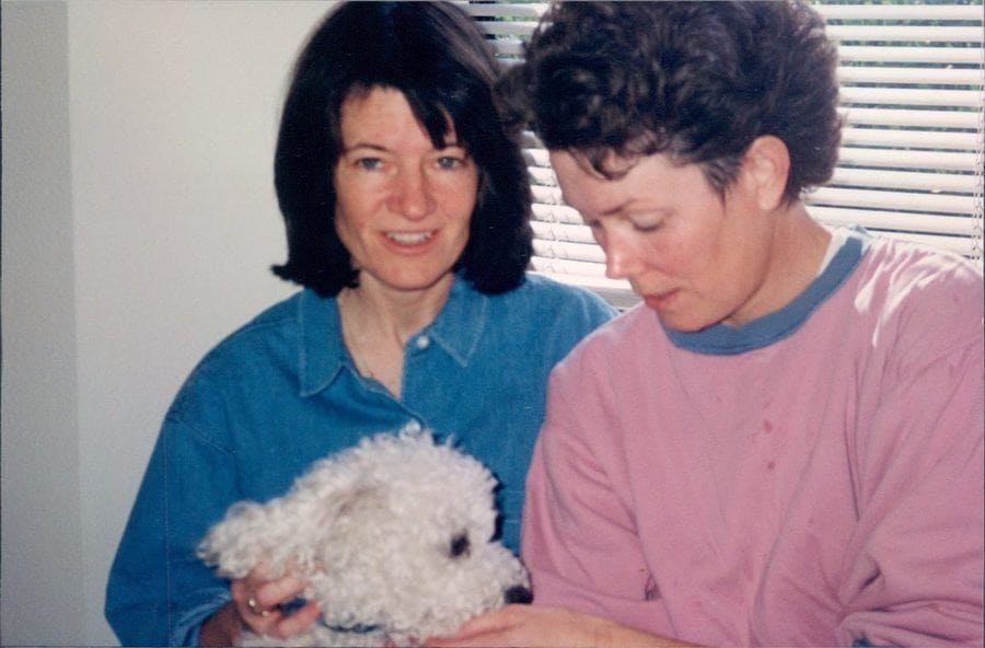 Sally Ride and Tam O’Shaughnessy with their dog Gypsy in 1992. 