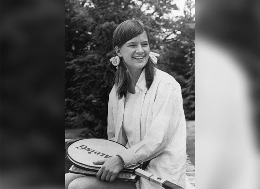 Sally Ride at the age of 16, holding a Spalding tennis racket. 