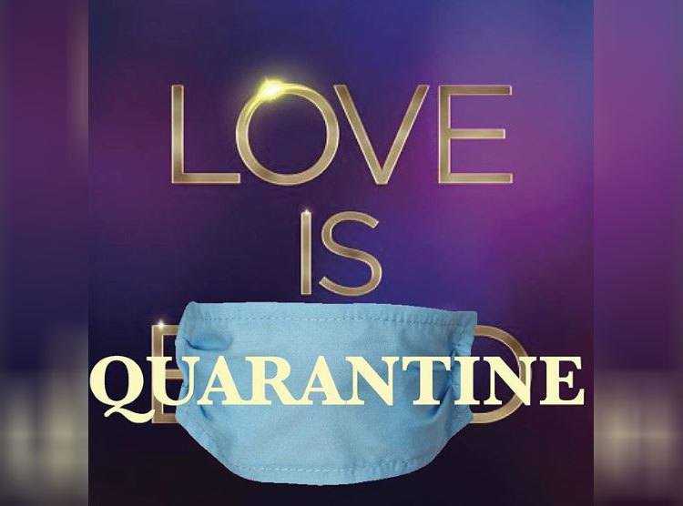The logo for love is quarantine, with a mask over the word quarantine. 