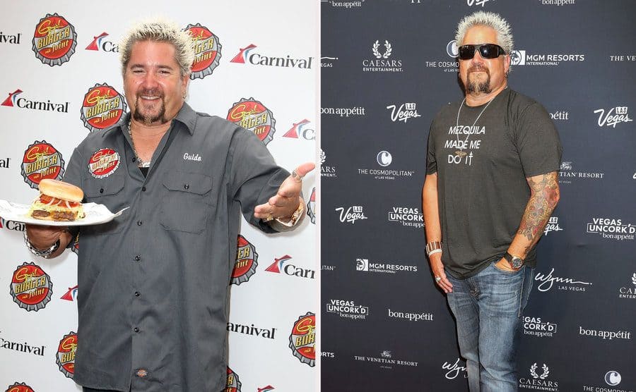 Guy Fieri was holding a hamburger at an event in 2011. / Guy Fieri at an event in 2011.