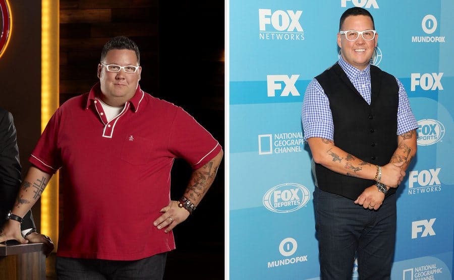 Graham Elliot in a red shirt on the set of Masterchef in 2010. / Graham Elliot at a Fox Network event in 2015.