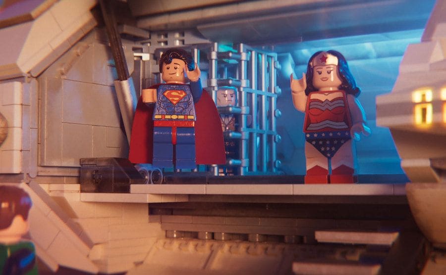 Channing Tatum as the Superman Lego and Cobie Smulders as the Wonder Woman Lego in The Lego Movie 2