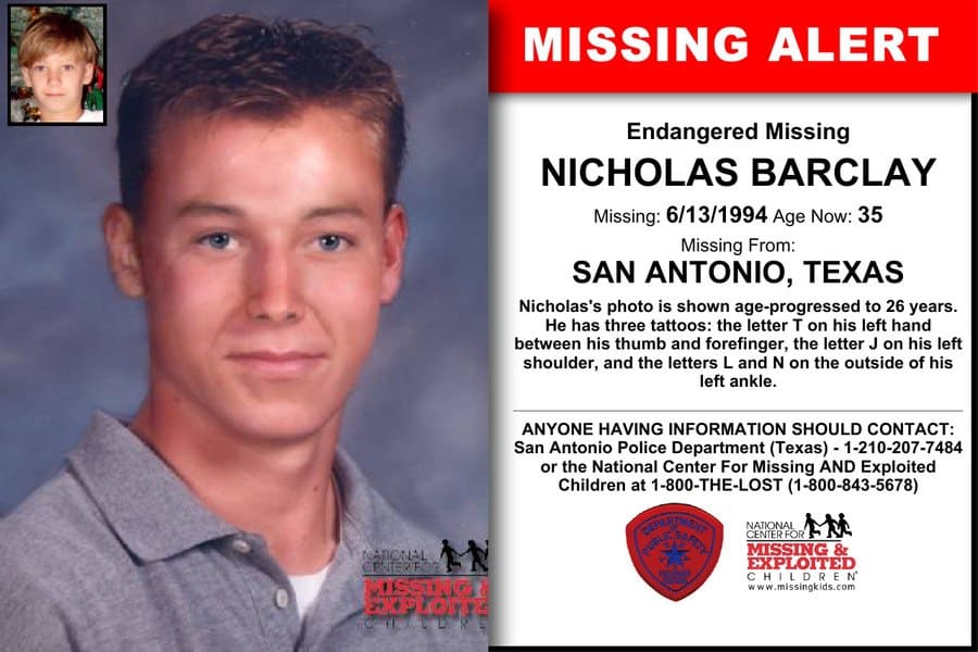The Missing Alert poster for Nicholas Barclay with what he should look like now 