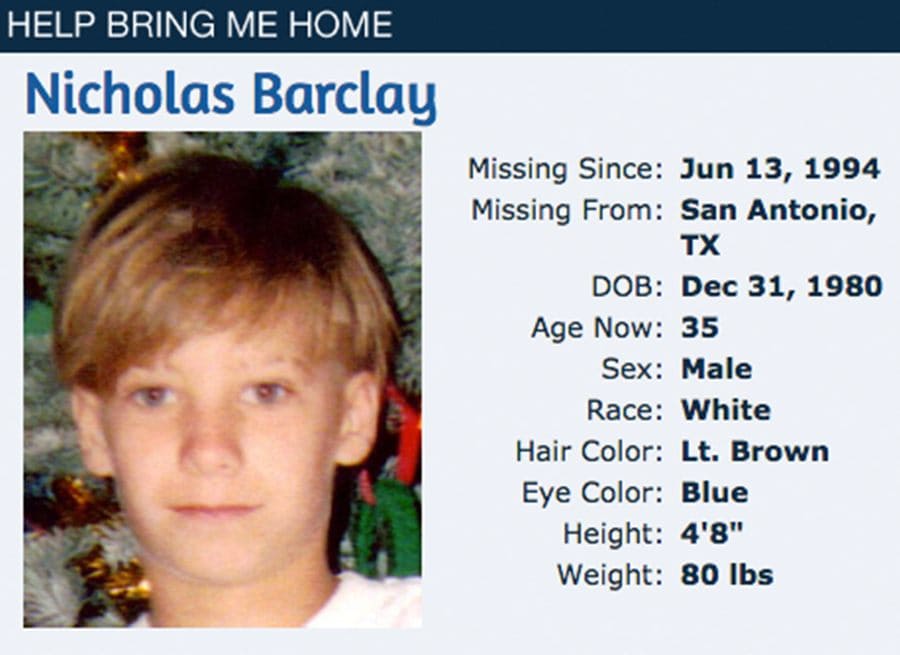 A missing child poster for Nicholas Barclay 