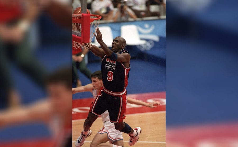 Michael Jordan at the 1992 Olympics making a basket 