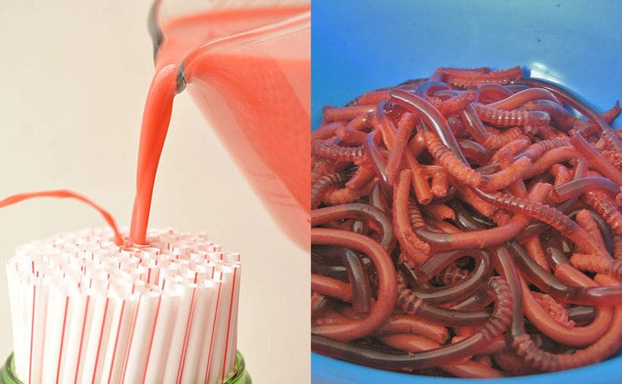 Straws being used to make homemade gummy worms