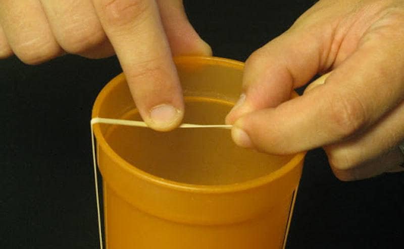 A rubber band around the top to the bottom of a cup 