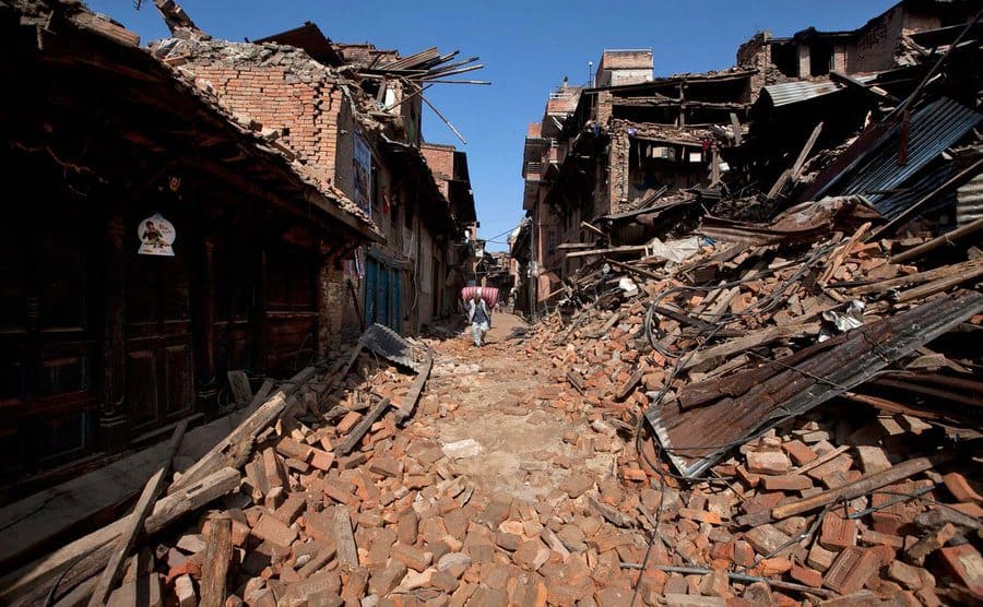 Wreckage in Nepal after an earthquake 