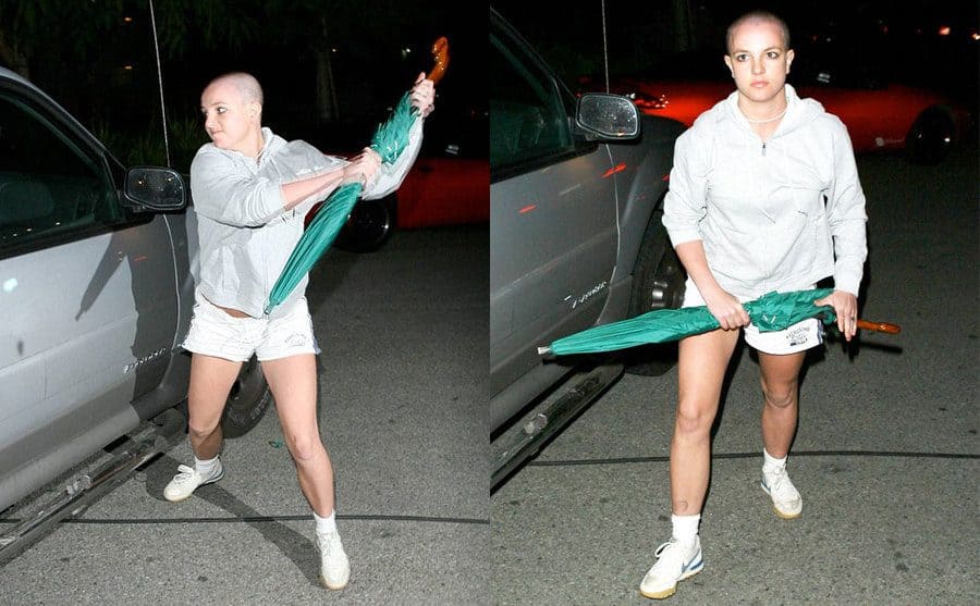 Britney Spears attacking a silver car using her green umbrella. / Britney Spears walking away from the car with her broken umbrella. 