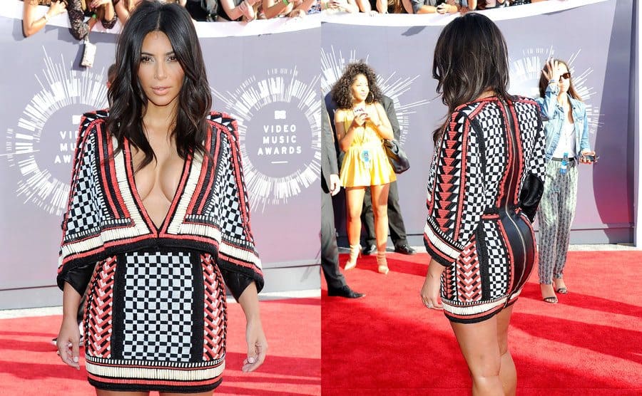 Kim Kardashian in a v-neck red, black, and white beaded mini-dress with flowing sleeves. / The back of the beaded dress. 