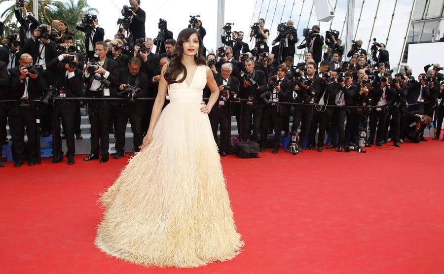 Freida Pinto in a long flowing beige dress with feather accents around the bottom of the dress