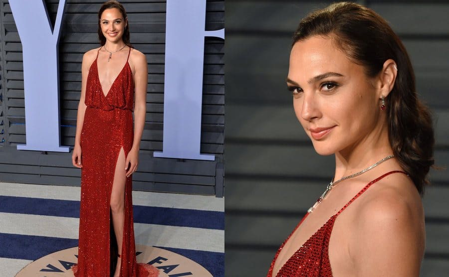 Gal Gadot wearing a spaghetti strap red sequined dress with a plunging neckline split down the leg and elastic around the waist. / A close up of the red sequined dress