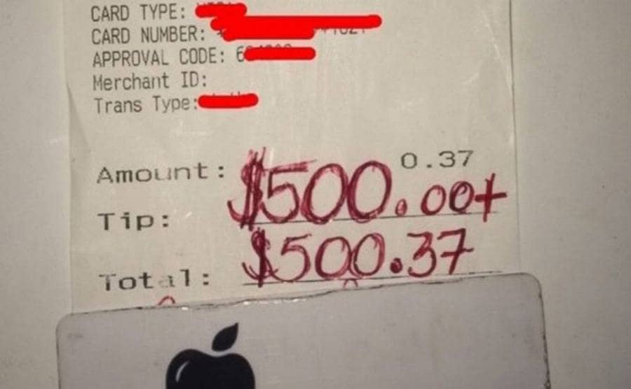 A photograph of the $500 tip 
