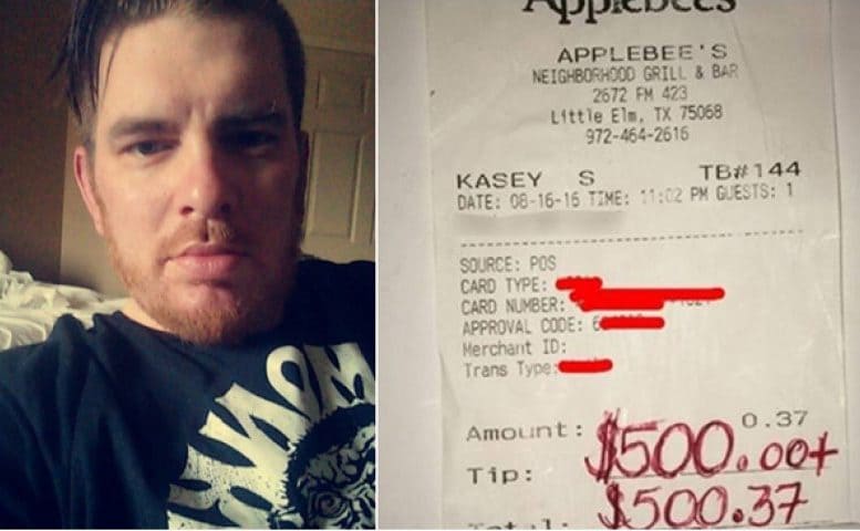 Kasey Simmons next to the Applebee’s receipt with the tip 