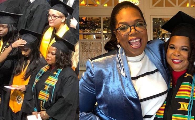 A photograph of Patricia surrounded by other graduates next to a photo of Oprah and Patricia 