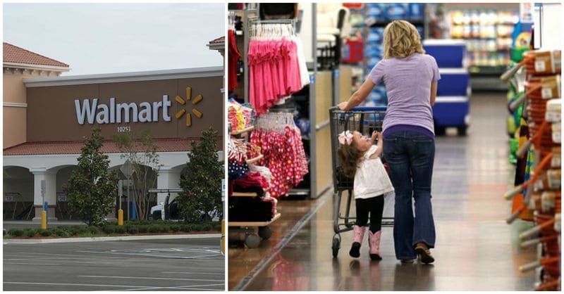 A photograph of the outside of Walmart and a woman with her daughter walking through the aisles pushing a cart. 