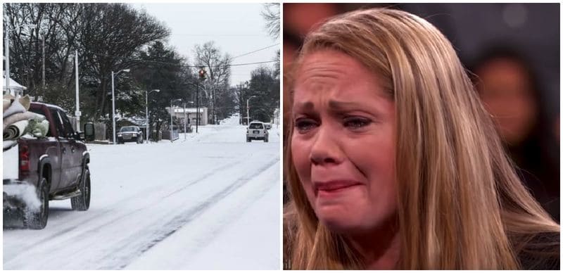 A snowy road on the left and a woman crying on the right. 