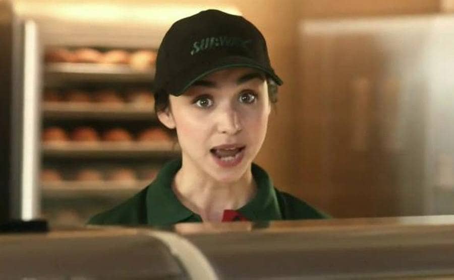 Libe Barer behind the counter in a Subway commercial 