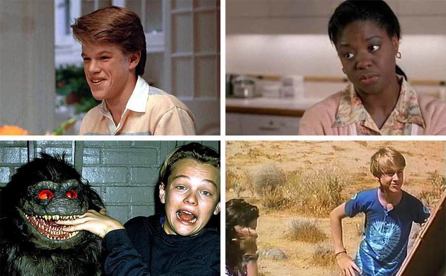 Matt Damon sitting at a breakfast table smiling in the film Mystic Pizza / Viola Davis in the kitchen in a scene from The Substance of Fire / Leonardo DiCaprio with his fingers in the puppet’s mouth who played a critter in Critters 3 / Ryan Gosling leaning against a wooden door in front of a desert view in the film Frankenstein and Me