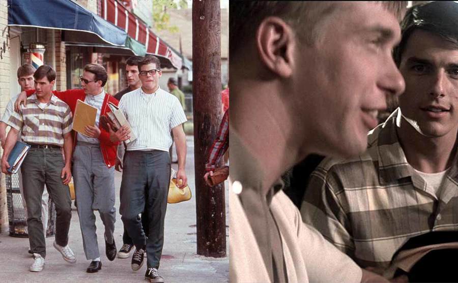 A scene from Born on the Fourth of July with three guys sitting at a table / A film still of Tom Cruise and the guys walking down the street together 