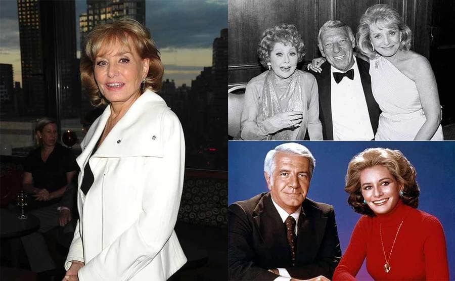 Barbara Walters posing for a photograph on the red carpet / Lucille Ball, Gary Morton, and Barbara Walters posing together at an event / Harry Reasoner and Barbara Walters sitting behind a news desk in 1976