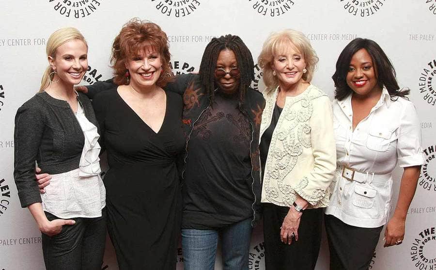 Elisabeth Hasselbeck, Joy Behar, Whoopi Goldberg, Barbara Walters, and Sherri Shepherd posing on the red carpet in 2008
