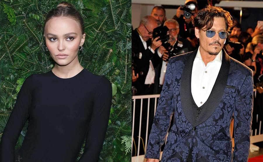 Lily-Rose Depp posing on the red carpet in front of a wall of green leaves / Johnny Depp posing on the red carpet in a blue and black floral suit 