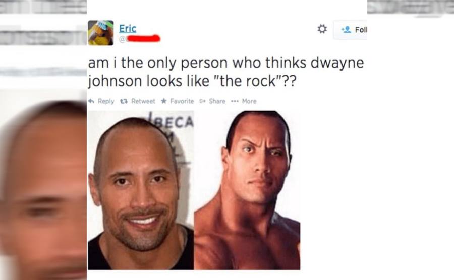 A guy’s post with two photographs of Dwayne Johnson, one of them from his wrestling days, wondering if they look like each other 