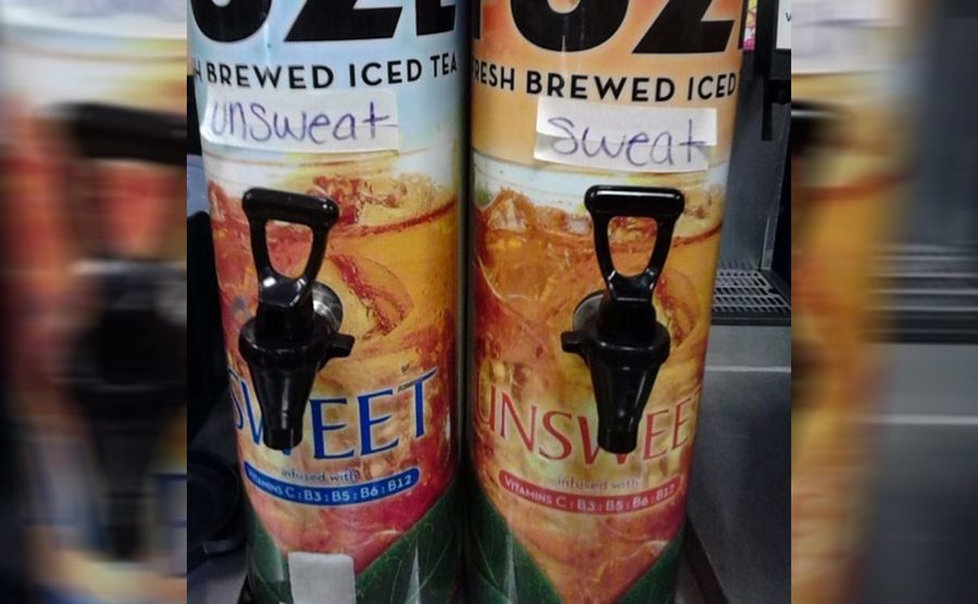 Sweet and Unsweetened tea labeled sweat and unsweat 