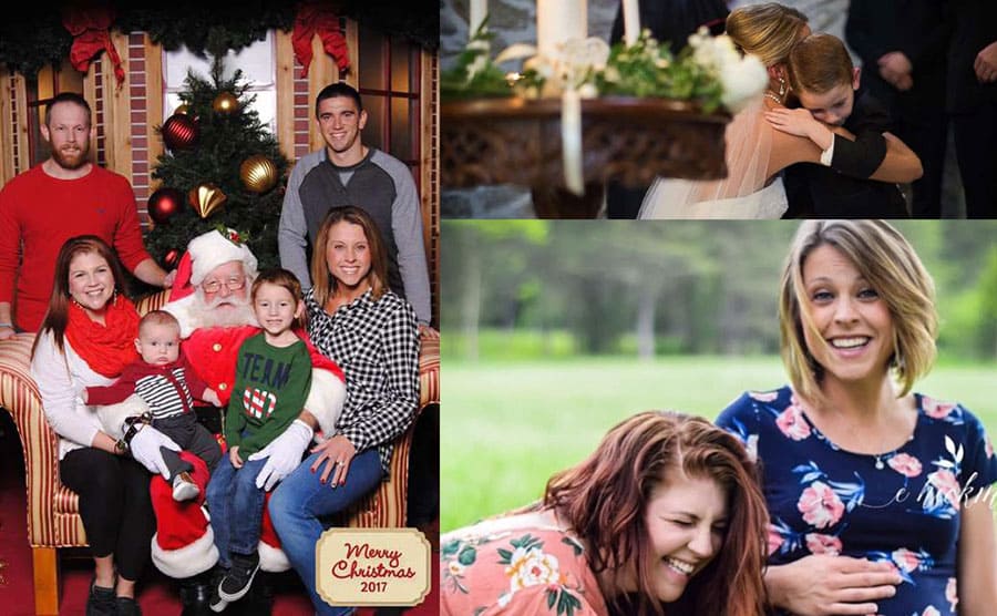 Tyler, Casey, their new baby, Landon, Katie, and Jeremy posing with Santa / Katie and Landon hugging at the alter / Casey laughing while holding Katie’s pregnancy bump 