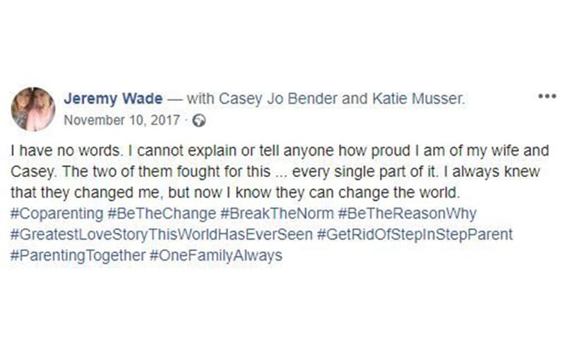 Jeremy’s Facebook post about how proud he is of Casey and Katie with them tagged in it