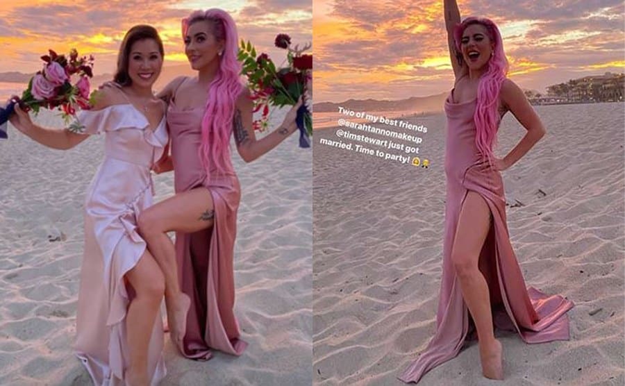 Lady Gaga with one of the bridesmaids / Lady Gaga posing alone on the beach in her pink bridesmaid’s dress