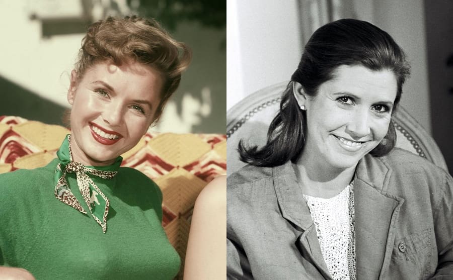 Debbie Reynolds sitting in a chair outside in 1954 / Carrie Fisher in 1986